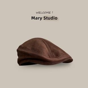 秋冬女麂皮绒保暖前进帽男文艺纯色美拉德风显脸小女画家帽鸭舌帽