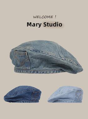 2024新款日系文艺范复古牛仔贝雷帽女时尚潮韩版大头围画家帽帽子