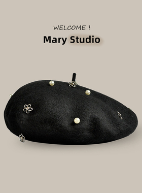优雅小香风秋冬季黑色贝雷帽女日系复古百搭画家帽子大头围显脸小