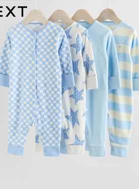 英国NEXT进口婴儿长袖连体衣春秋冬男宝宝爬爬服蓝色星星连身睡衣