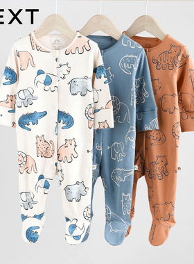 英国NEXT进口婴幼儿春秋睡衣宝宝包脚爬服动物涂鸦纯棉长袖连体衣