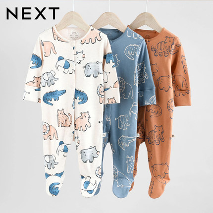 英国NEXT进口婴幼儿春秋睡衣宝宝包脚爬服动物涂鸦纯棉长袖连体衣