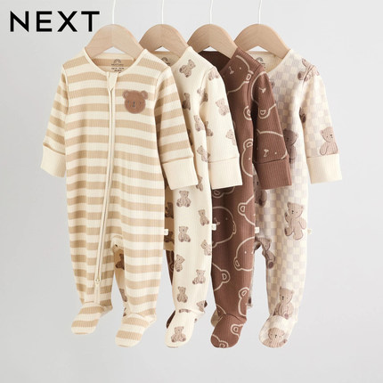 英国NEXT进口婴儿长袖爬服新生包脚睡衣男宝宝拉链春秋小熊连体衣