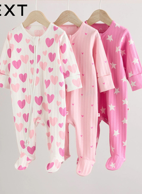 英国NEXT进口婴儿长袖连体衣女宝春秋粉爱心爬服纯棉居家外出睡衣