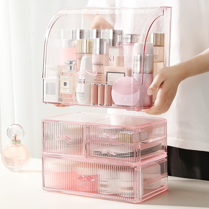 化妆品收纳盒桌面梳妆台家用防尘大容量护肤口红箱带盖置物架