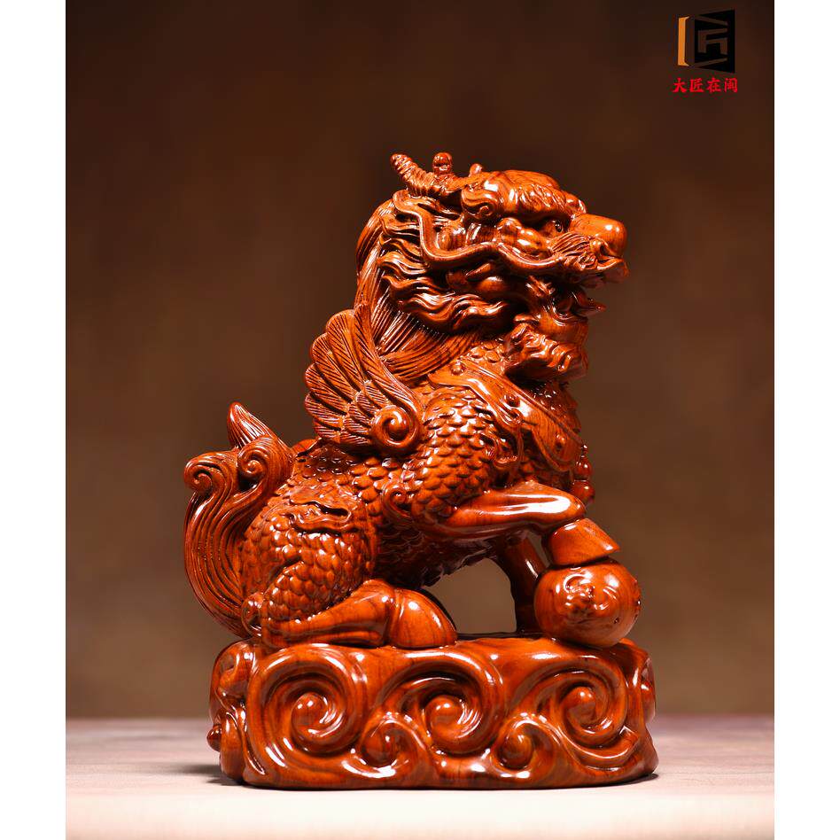高档花梨实木雕刻麒麟摆件一对招财纳福火麒麟办公室客厅玄关开业