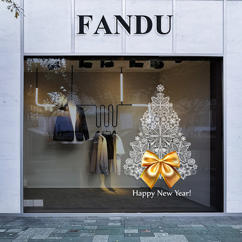 精美蝴蝶结冰雪花圣诞树贴画