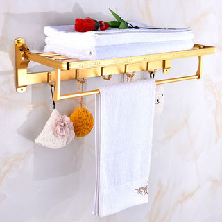 欧式卫生间双层可折叠毛巾架置物架金色浴巾架免打孔五金挂件套装