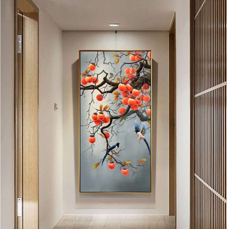 正品柿柿如意柿子油画纯手绘竖版玄关入户客厅新中式装饰画挂画过