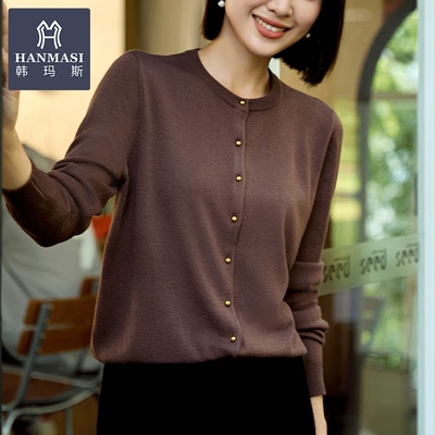 韩玛斯绵羊毛圆领针织开衫春秋款