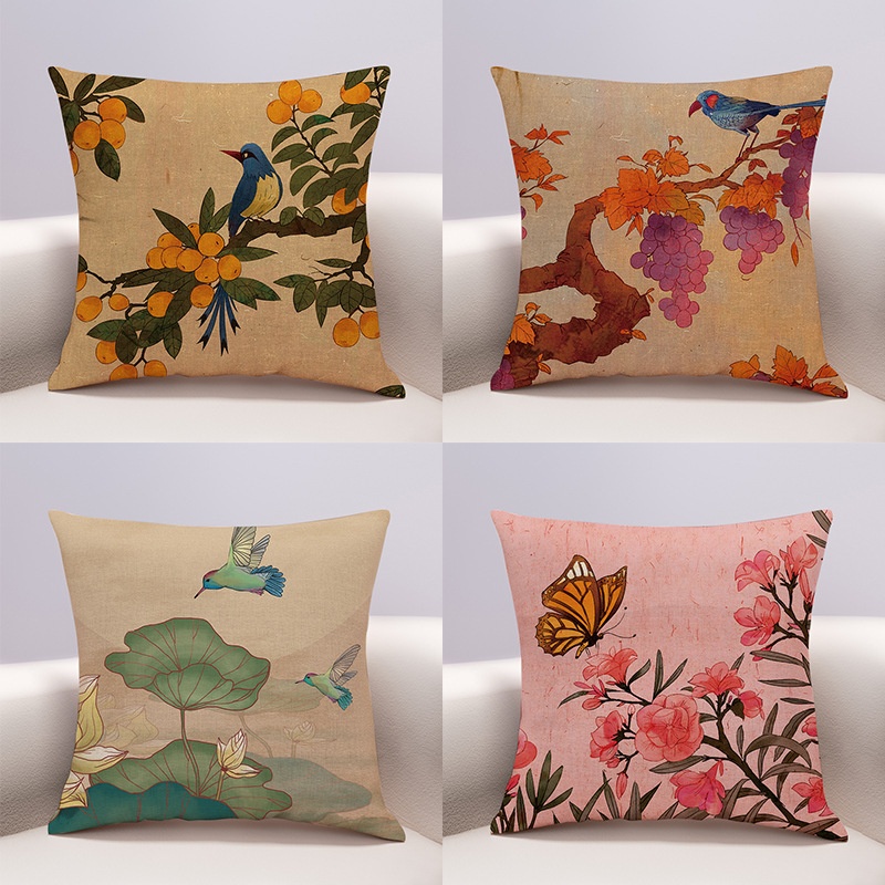中式花鸟现代简约小清新抱枕新中式中国风沙发客厅民宿棉麻大靠背