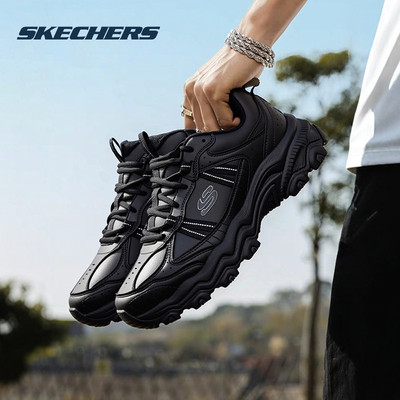 斯凯奇男鞋皮面户外鞋秋冬新款加厚休闲鞋黑色运动鞋男士老爹鞋子