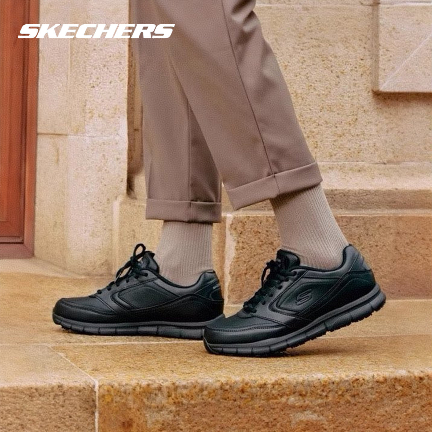 斯凯奇男鞋冬季新款运动鞋官方正品休闲鞋软底商务皮鞋黑色通勤鞋