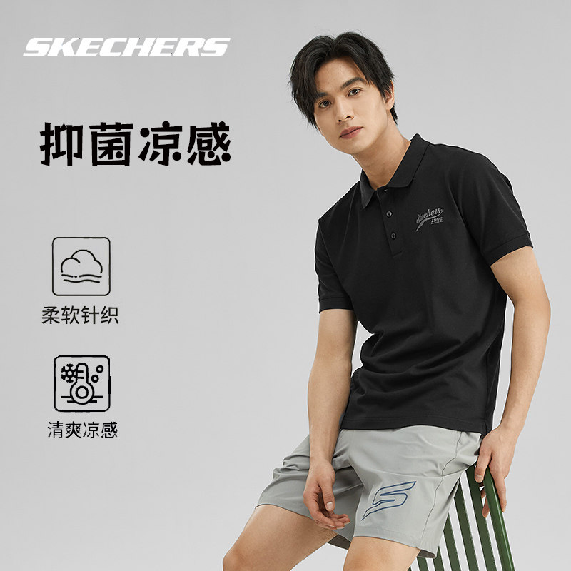 斯凯奇短袖夏季运动服透气T恤黑色健身服男款半袖男士商务POLO衫