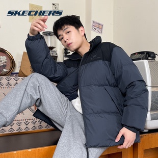 接拼立领保暖外套运动休闲羽 时尚 斯凯奇羽绒服男女冬季 新款