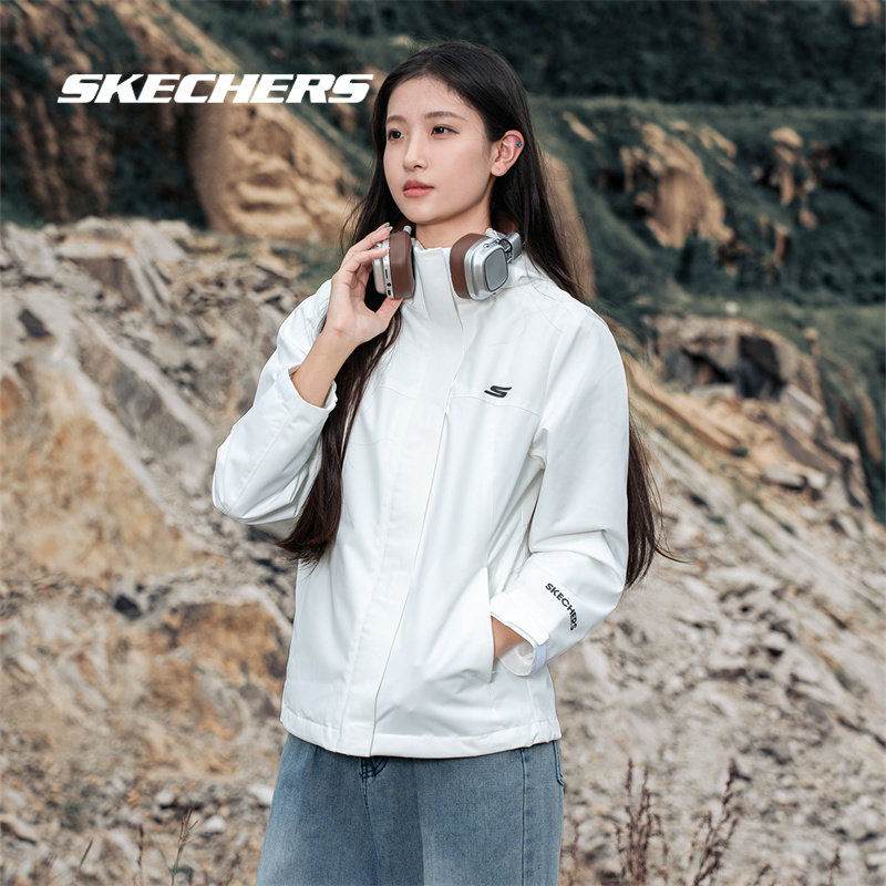 斯凯奇外套女装冬季新款运动服白色连帽梭织夹克女士户外登山服