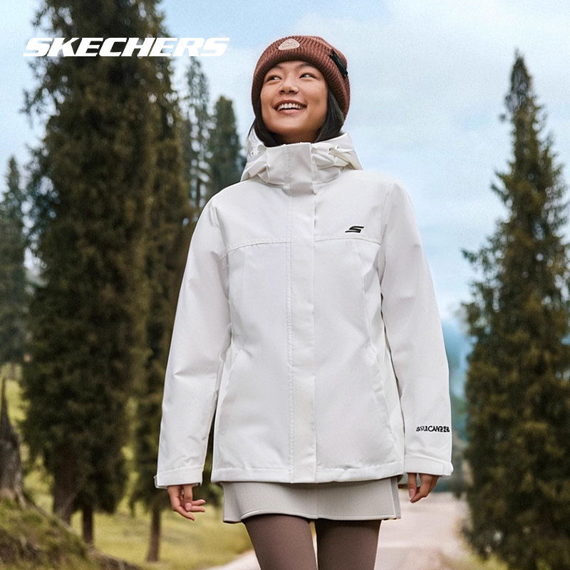 斯凯奇女装冬季新款梭织运动服防泼水白色外套正品登山服冲锋夹克