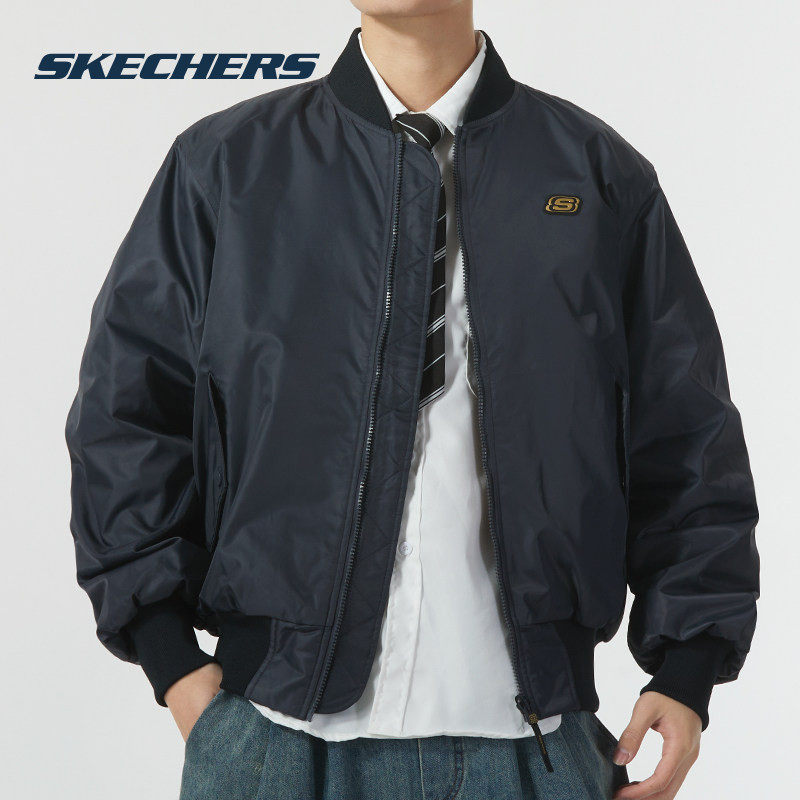 Skechers斯凯奇男装冬季新款双面穿裥外套飞行员夹克男士防寒棉服