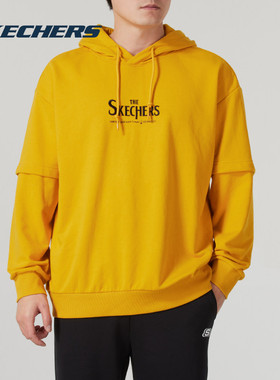 斯凯奇男装上衣秋冬新款黄色运动服时尚健身连帽加绒休闲卫衣