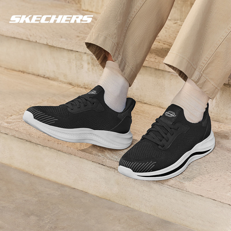 斯凯奇男鞋冬季新款网面鞋男士一脚蹬穿脱休闲鞋子男款黑色运动鞋