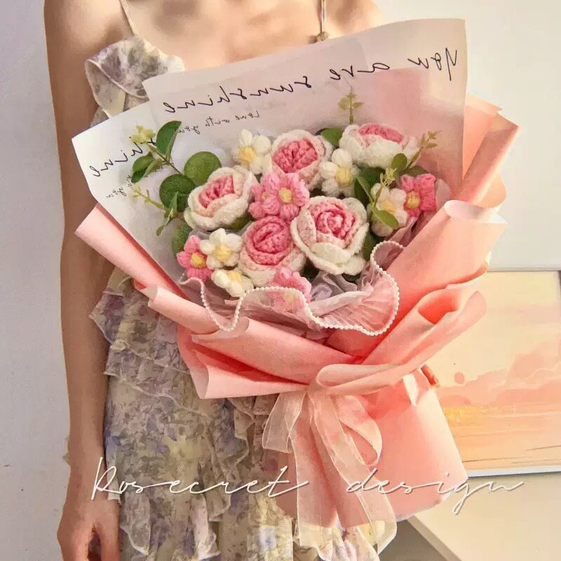 情人节礼物送女友仿真花束毛线花