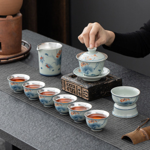 纯银青花瓷功夫茶具套装简约家用盖碗鎏银茶杯轻奢风商务礼品