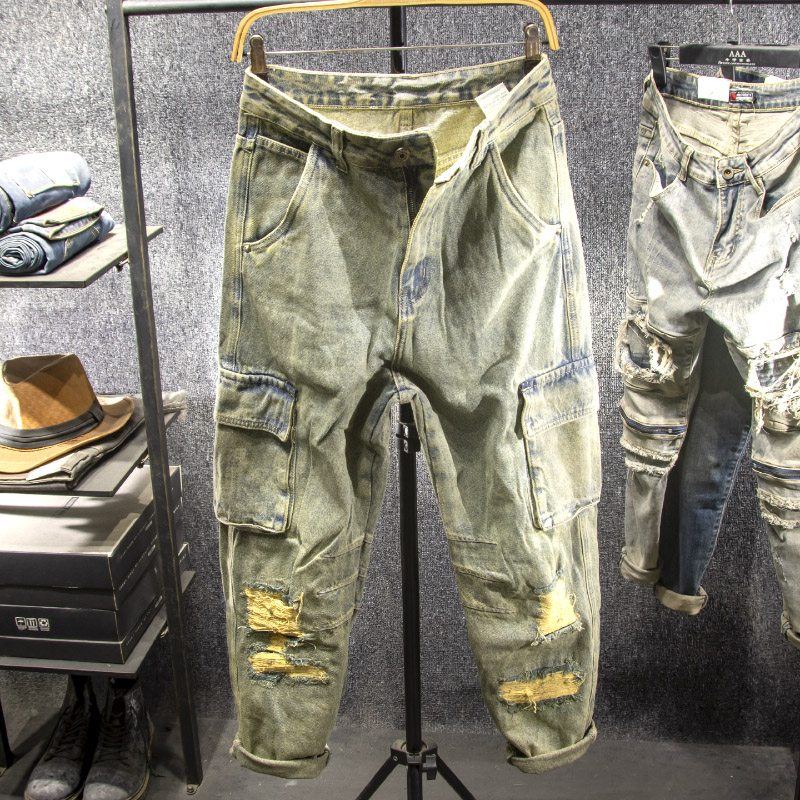 多口袋工装补丁破洞设计 大码胖子可穿