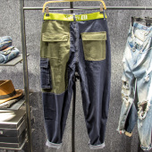 子男 男潮牌直筒宽松阔腿老爹哈伦裤 三古木棉撞色九分工装 牛仔裤