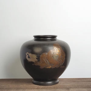 中古日本罐形铜花瓶老翁与仙鹤错金银室内书房博古架案几文房雅物