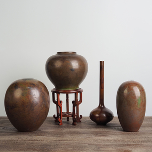 日本回流班紫铜花器名家手作民宿会所茶室博古架干花插花禅意摆件