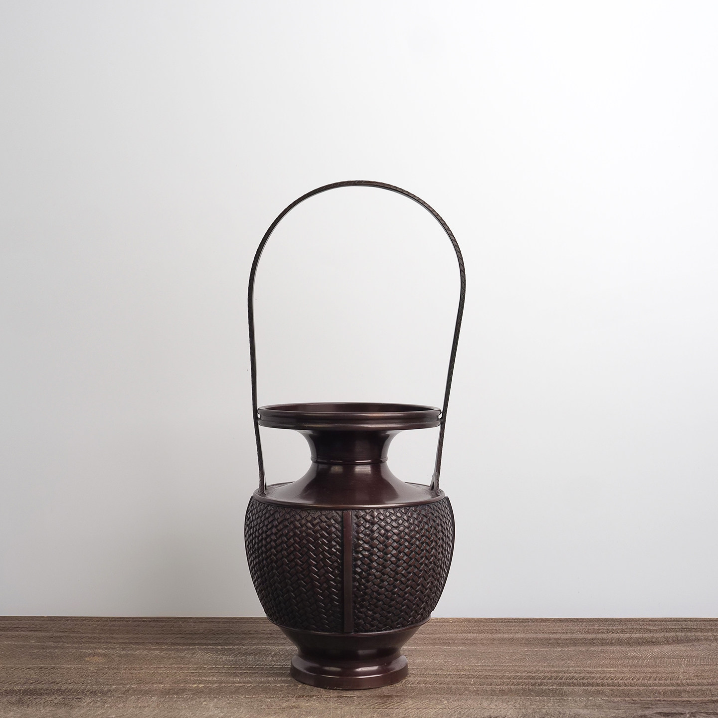中古日本提篮款铜花瓶日式仿竹编花器居家茶室博古架插花台面摆件