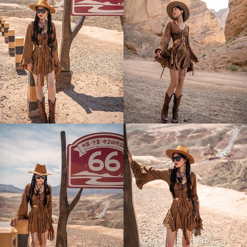理想三旬旅行女装西部牛仔风旅拍复古棕色系带重工半身裙短款套装