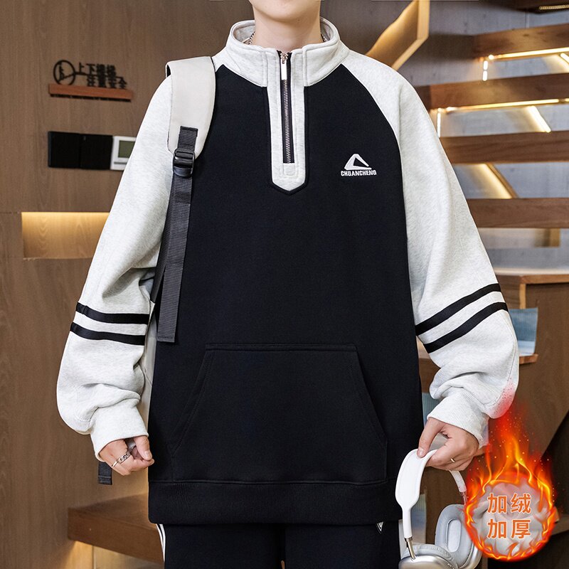 13冬季青少年潮流加绒加厚卫衣12岁男孩初中学生14帅气15大童套装