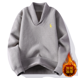 青少年加绒加厚针织衫12男孩初中高中学生13大童15岁冬季宽松毛衣