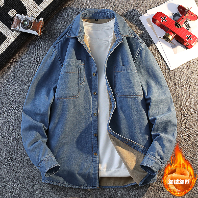 初中学生13岁冬季加绒加厚长袖牛仔衬衫15男孩14大童帅气衬衣外套