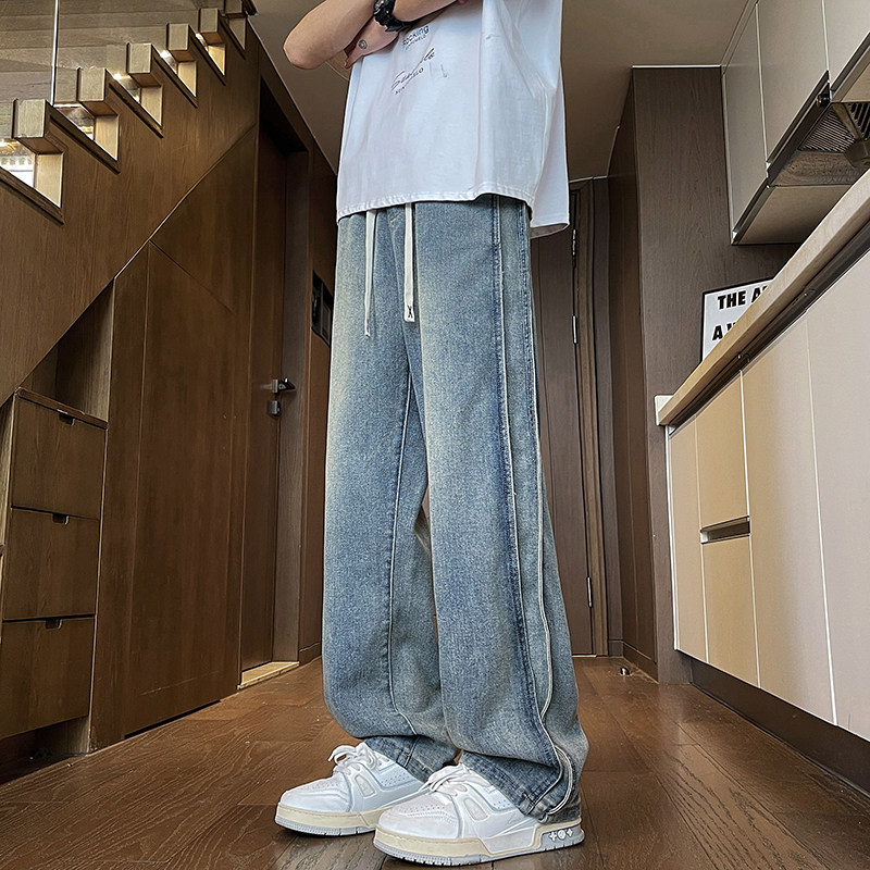 初中学生直筒牛仔裤12男孩16岁14青少年13宽松15春季松紧腰休闲裤