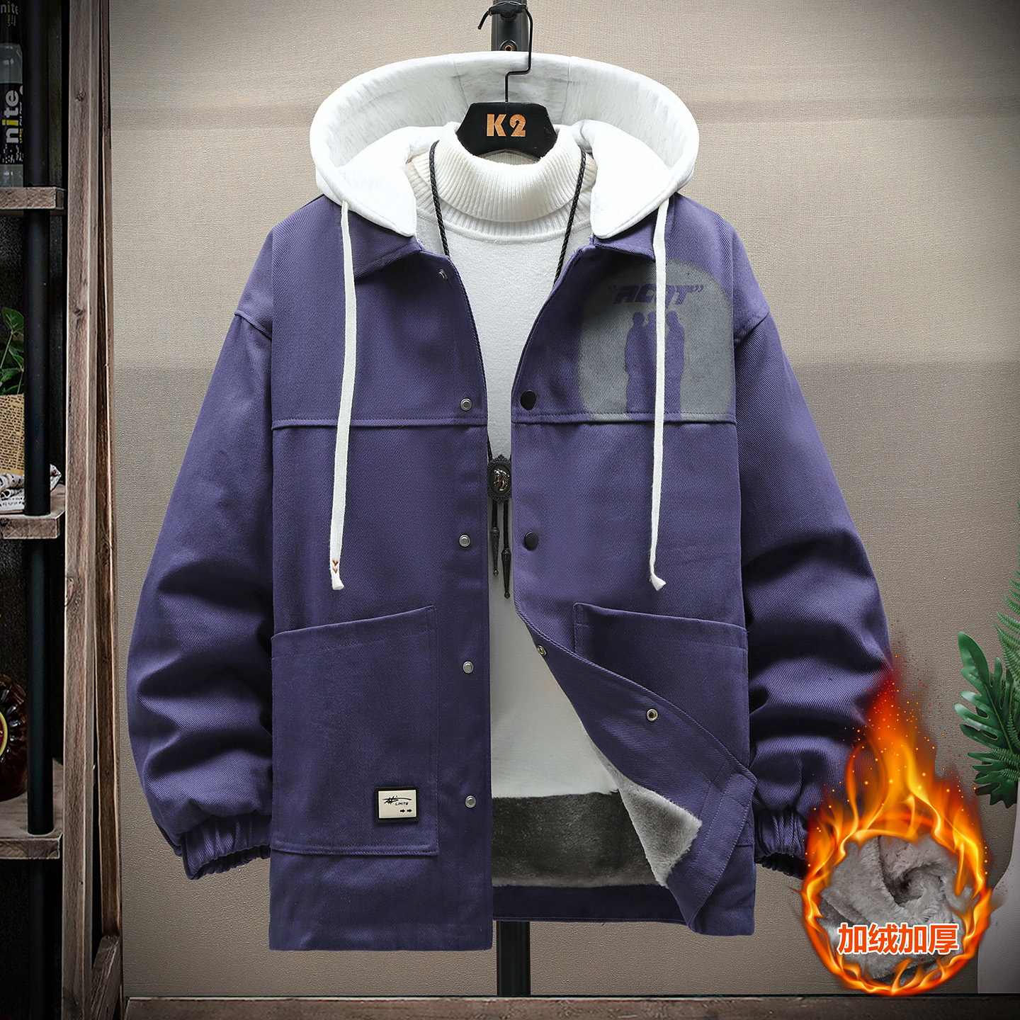 潮流加绒加厚派克服牛仔棉衣外套