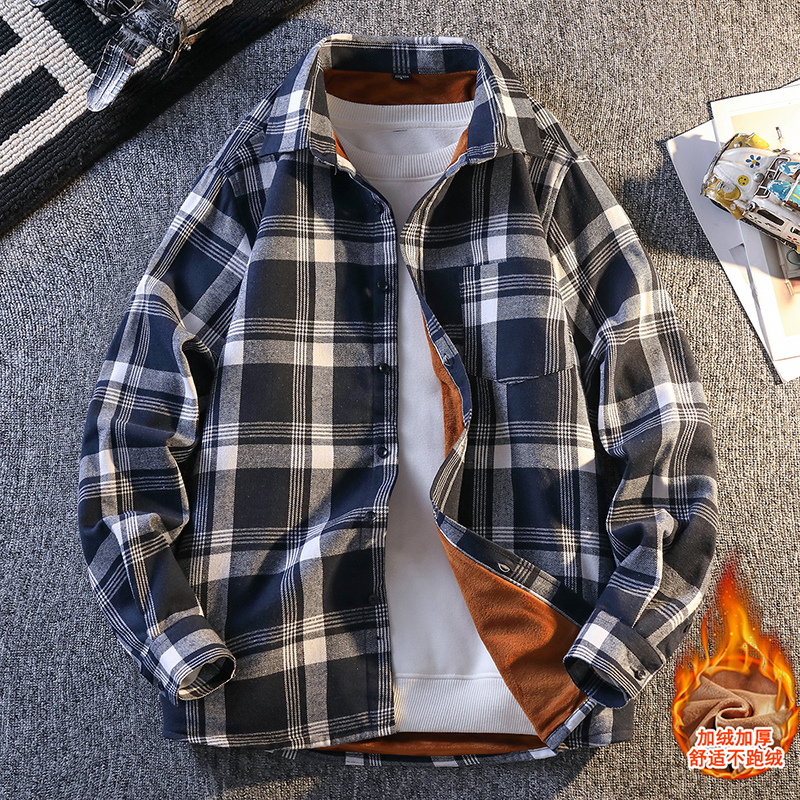 青少年冬季潮流格子长袖衬衫12男孩15岁中学生14大童加绒加厚衬衣