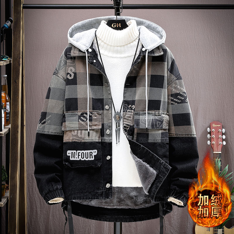 冬季潮牌棉衣加绒加厚牛仔派克服