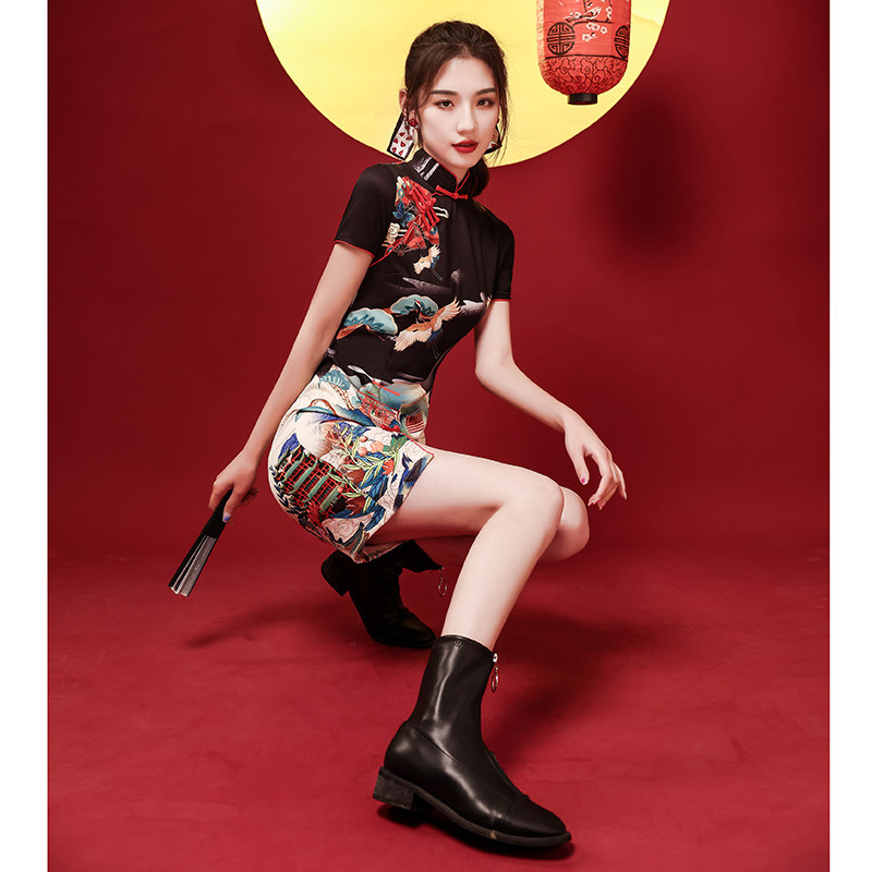 国潮旗袍2021年新款夏季年轻款少女改良黑色小个子连衣裙炸街短款