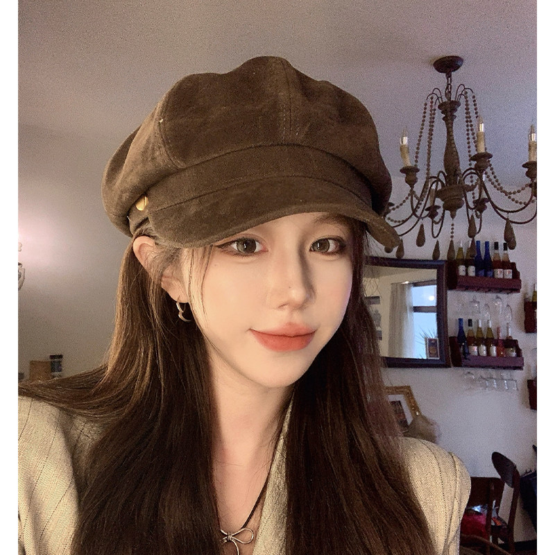 棕咖色贝雷帽女秋冬2026新款英伦复古百搭显脸小画家报童八角帽子