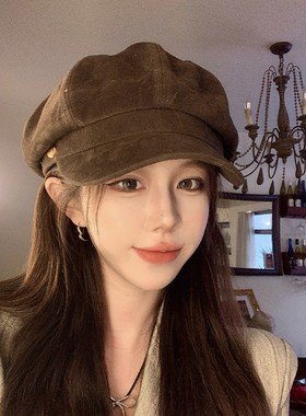 棕咖色贝雷帽女秋冬2026新款英伦复古百搭显脸小画家报童八角帽子