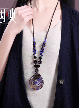 新中式项链女2026新款民族风配饰长款琉璃吊坠中古饰品毛衣链