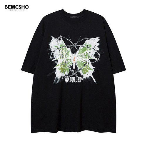 BEMCSHO美式复古蝴蝶短袖男女
