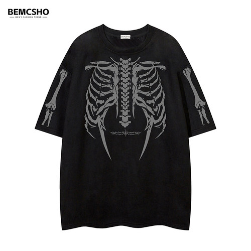 BEMCSHO美式复古骷髅印花T恤