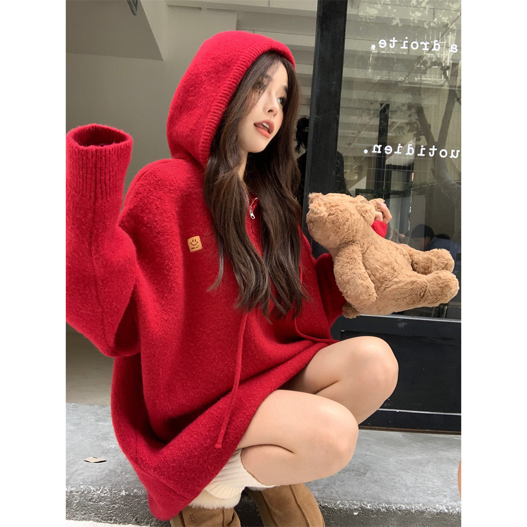 实拍实价~慵懒风宽松连帽半开拉链毛衣