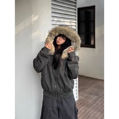 派克服短款羽绒棉服女仿兔毛大毛领连帽棉衣2025冬外套美式复古