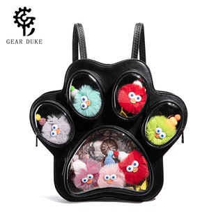 暗黑系二次元漫展大容量可放娃娃痛包哥特猫爪印透明展示双肩背包