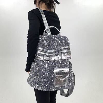 欧美暗黑系朋克辣妹双肩包重手工机车骑士亮片皮带装饰大容量背包