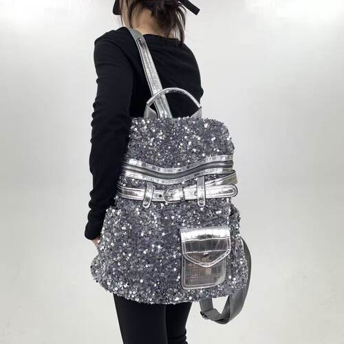 欧美暗黑系朋克辣妹双肩包重手工机车骑士亮片皮带装饰大容量背包